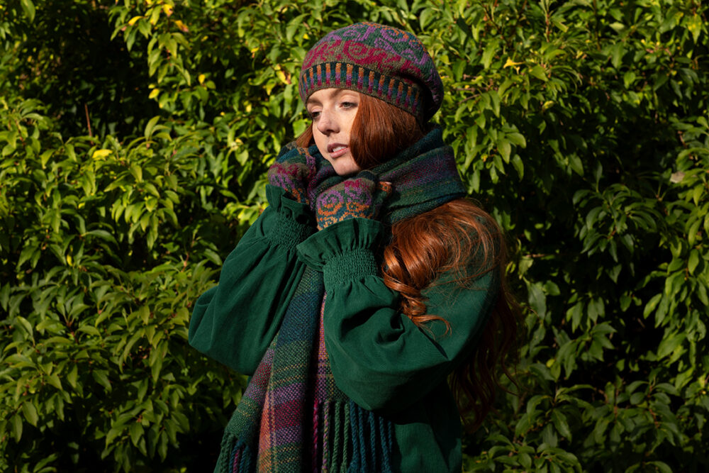 Firebirds Hat Set patterncard kit designs by Jade Starmore and Firebirds Woven Scarf design by Alice Starmore in Hebridean 2 Ply yarn