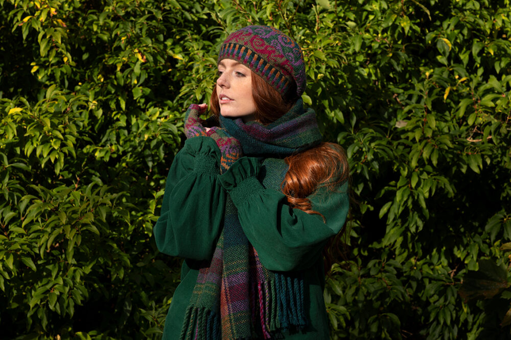 Firebirds Hat Set patterncard kit designs by Jade Starmore and Firebirds Woven Scarf design by Alice Starmore in Hebridean 2 Ply yarn