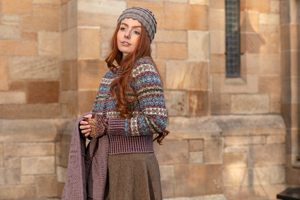 Levenish Hat, Herald fingerless gloves and Peigi Cardigan patterncard kits and Mo Chridhe Blanket from the Infinite Cable Class, all designs by Alice Starmore