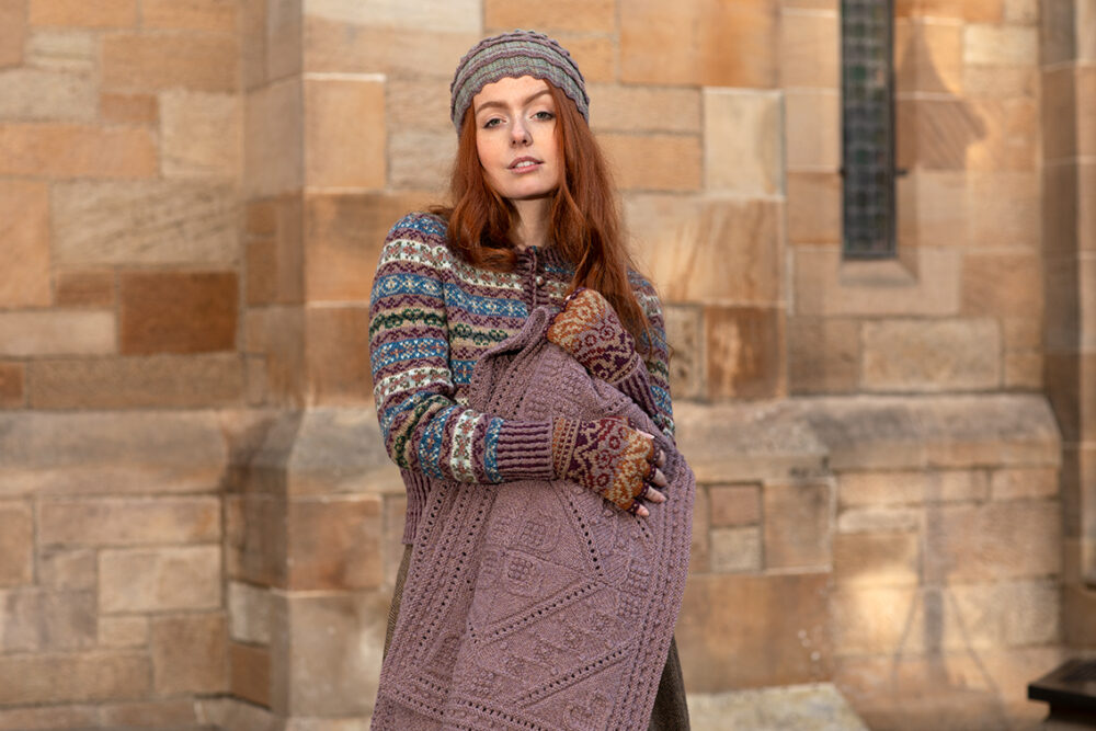Levenish Hat, Herald fingerless gloves and Peigi Cardigan patterncard kits and Mo Chridhe Blanket from the Infinite Cable Class, all designs by Alice Starmore