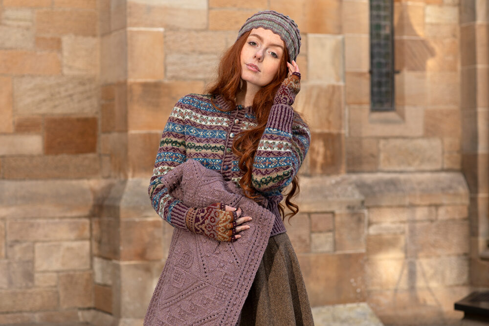 Levenish Hat, Herald fingerless gloves and Peigi Cardigan patterncard kits and Mo Chridhe Blanket from the Infinite Cable Class, all designs by Alice Starmore