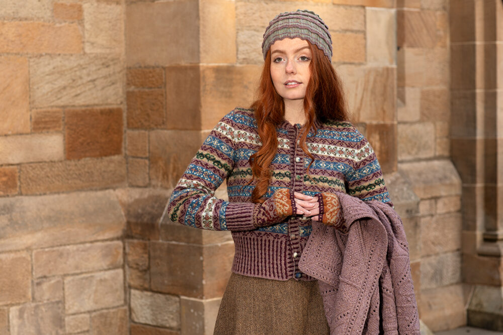 Levenish Hat, Herald fingerless gloves and Peigi Cardigan patterncard kits and Mo Chridhe Blanket from the Infinite Cable Class, all designs by Alice Starmore