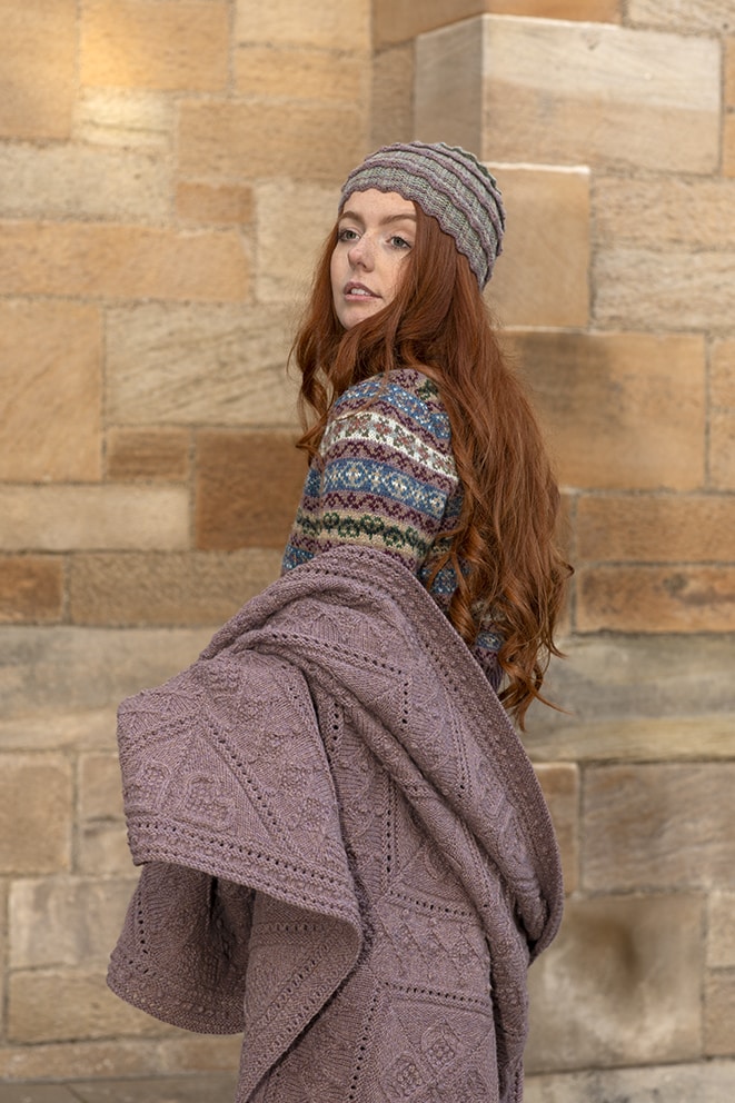 Levenish Hat, Herald fingerless gloves and Peigi Cardigan patterncard kits and Mo Chridhe Blanket from the Infinite Cable Class, all designs by Alice Starmore