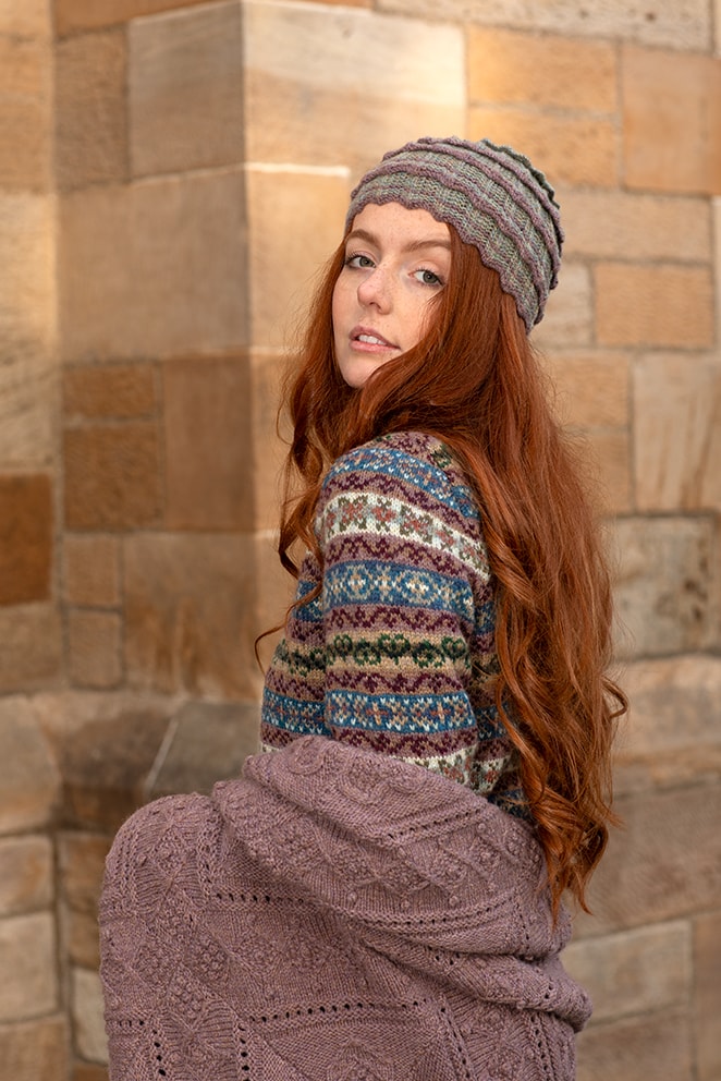 Levenish Hat, Herald fingerless gloves and Peigi Cardigan patterncard kits and Mo Chridhe Blanket from the Infinite Cable Class, all designs by Alice Starmore