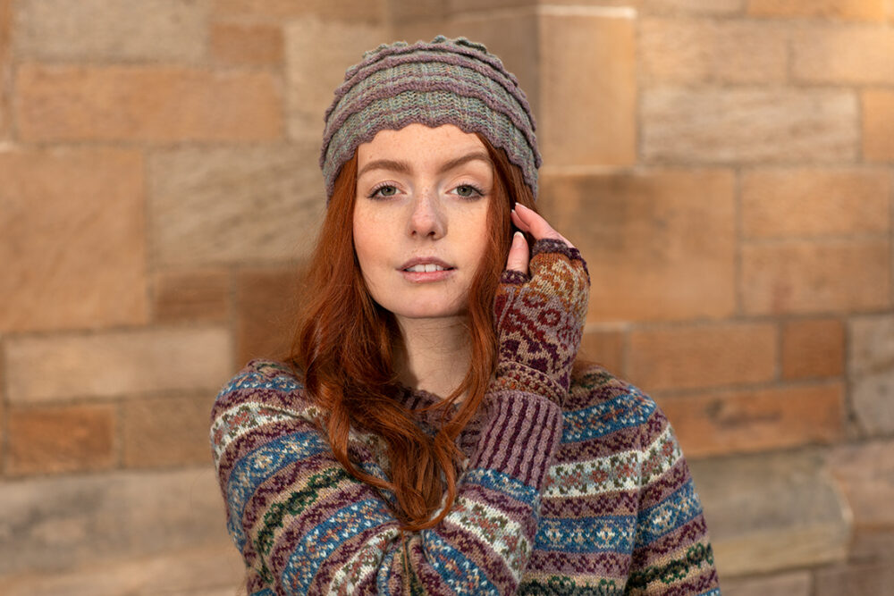 Levenish Hat, Herald fingerless gloves and Peigi Cardigan patterncard kits and Mo Chridhe Blanket from the Infinite Cable Class, all designs by Alice Starmore