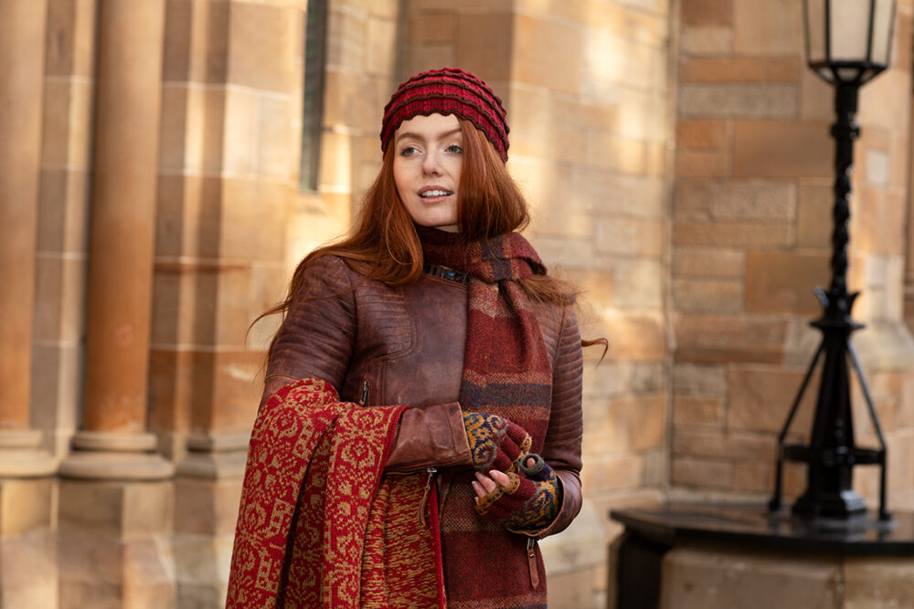 Levenish Hat, Henry VIII gloves and woven wrap by Alice Starmore and Persian Tiles by Jade Starmore