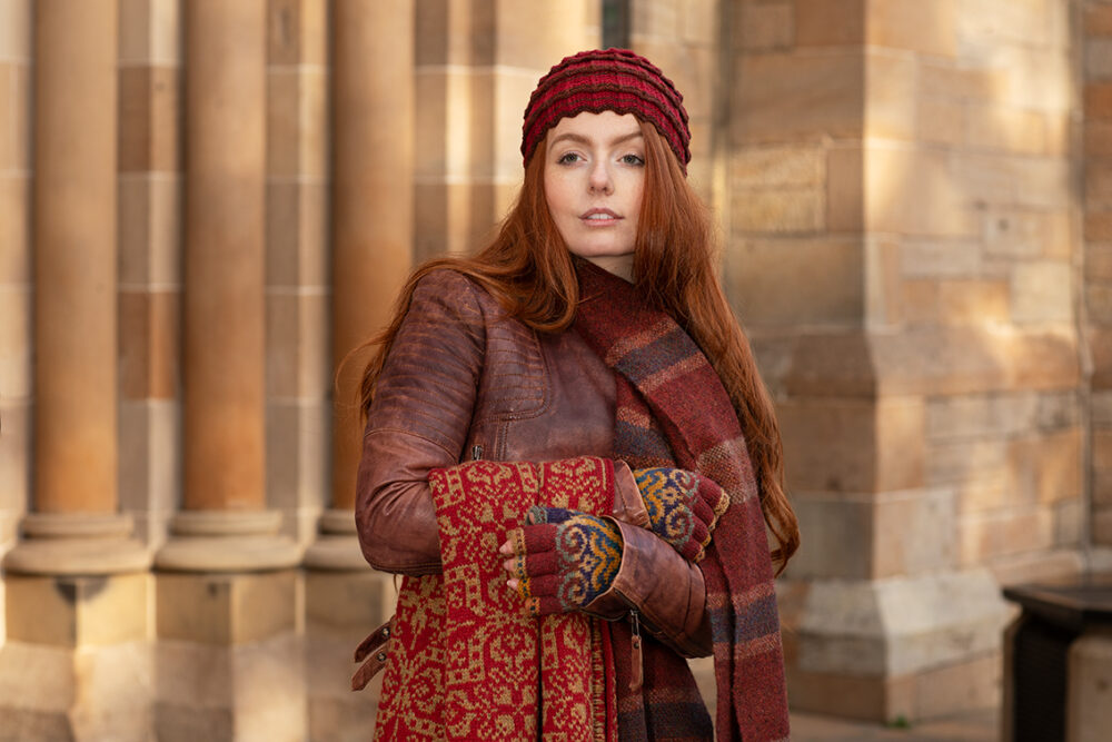 Levenish Hat, Henry VIII gloves and woven wrap by Alice Starmore and Persian Tiles by Jade Starmore