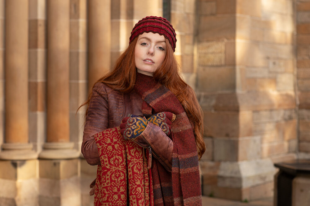 Levenish Hat, Henry VIII gloves and woven wrap by Alice Starmore and Persian Tiles by Jade Starmore