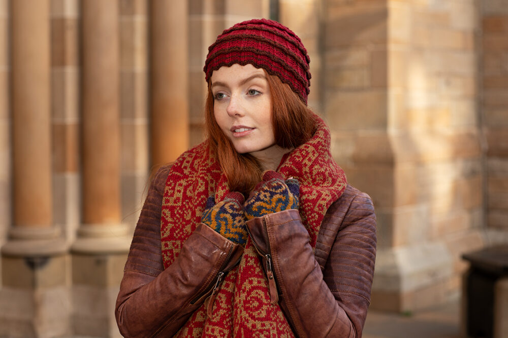 Levenish Hat, Henry VIII gloves and woven wrap by Alice Starmore and Persian Tiles by Jade Starmore