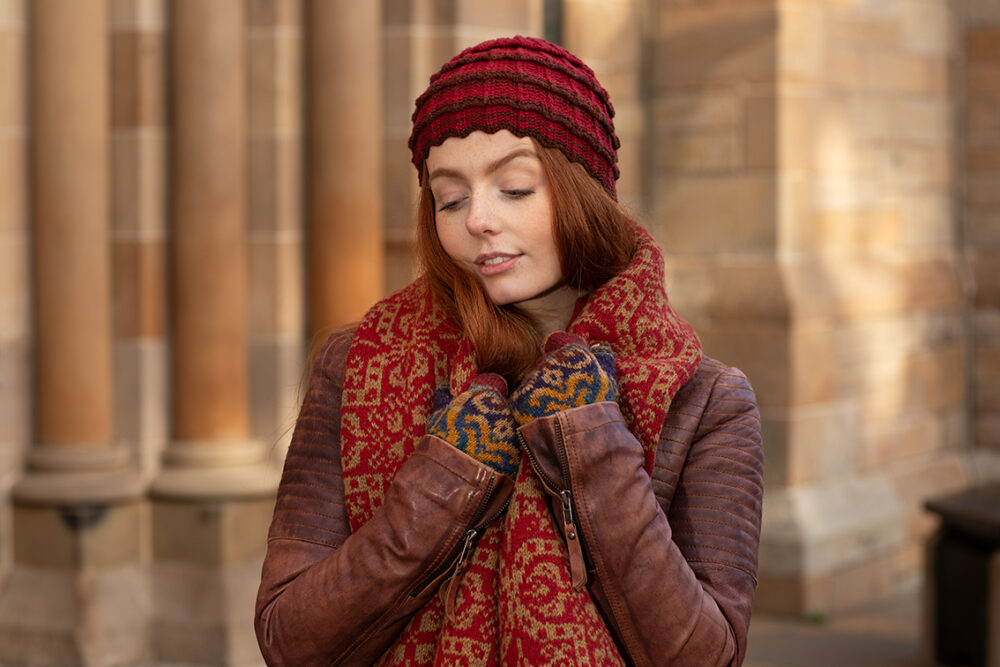 Levenish Hat, Henry VIII gloves and woven wrap by Alice Starmore and Persian Tiles by Jade Starmore