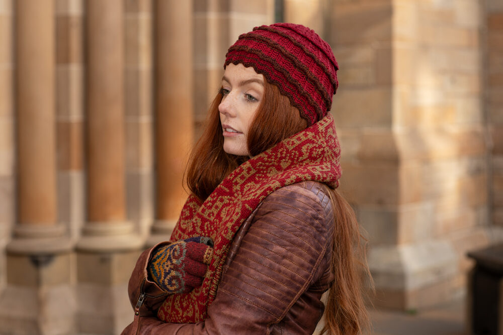 Levenish Hat, Henry VIII gloves and woven wrap by Alice Starmore and Persian Tiles by Jade Starmore