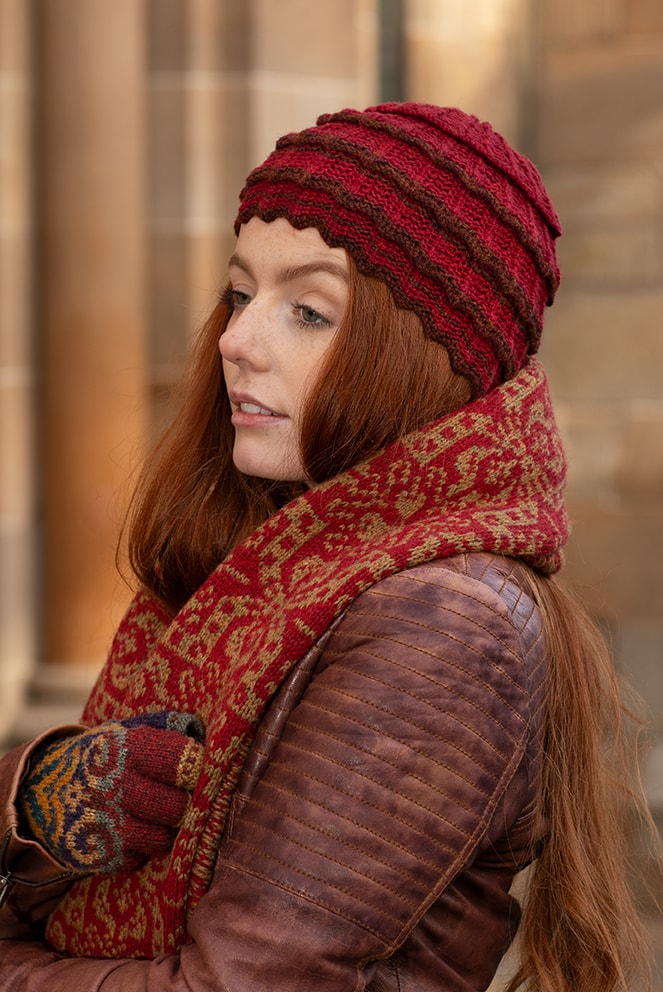 Levenish Hat, Henry VIII gloves and woven wrap by Alice Starmore and Persian Tiles by Jade Starmore
