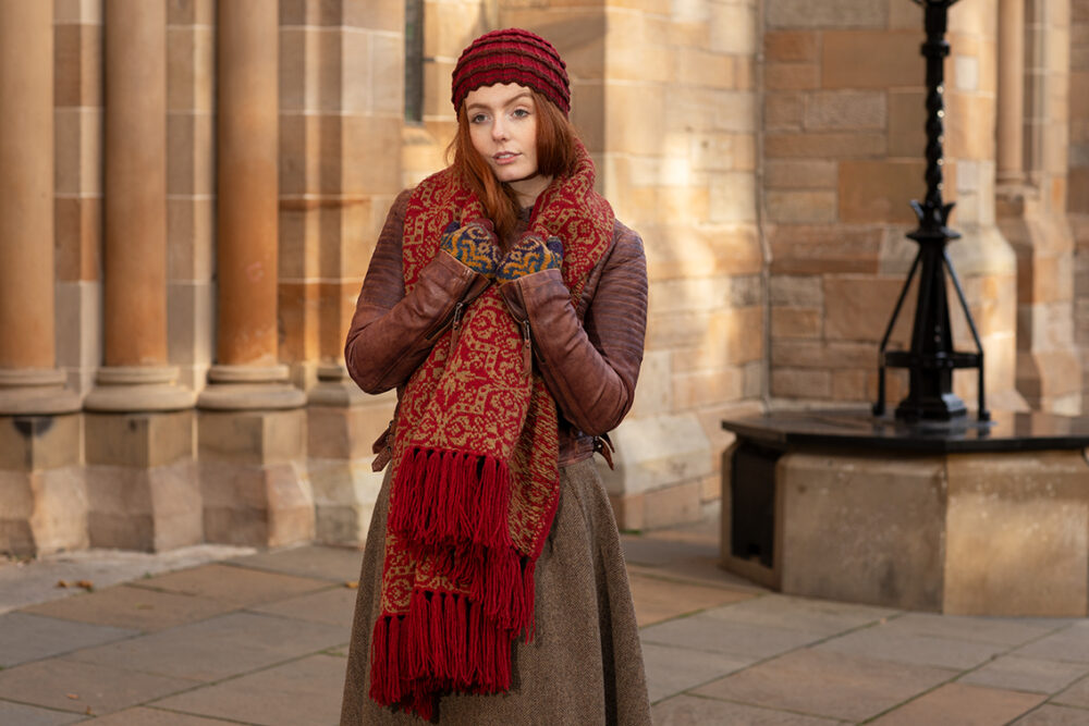 Levenish Hat, Henry VIII gloves and woven wrap by Alice Starmore and Persian Tiles by Jade Starmore