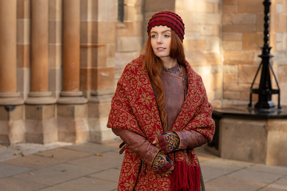 Levenish Hat, Henry VIII gloves and woven wrap by Alice Starmore and Persian Tiles by Jade Starmore