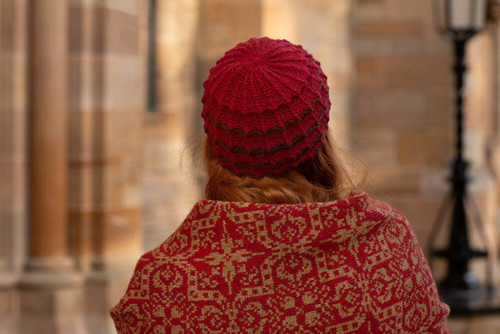 Levenish Hat, Henry VIII gloves and woven wrap by Alice Starmore and Persian Tiles by Jade Starmore
