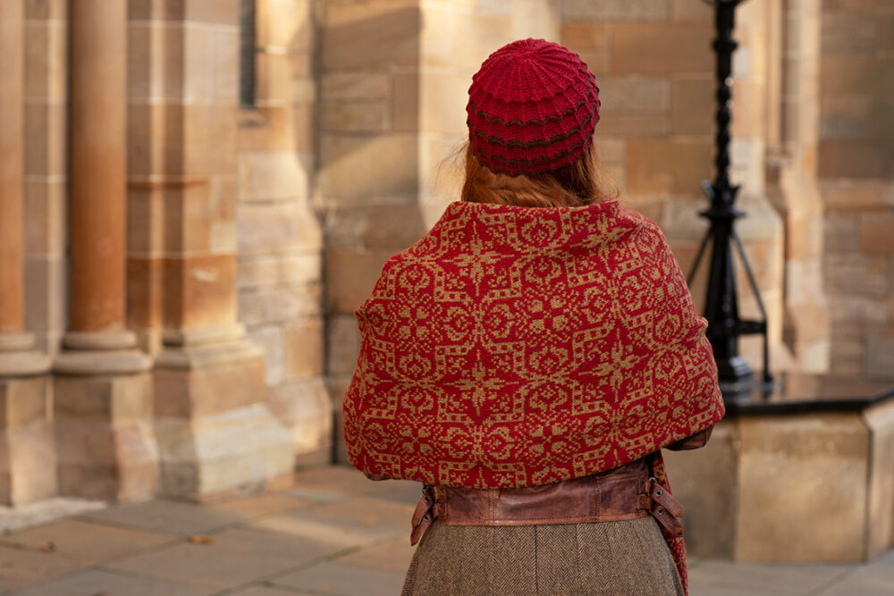 Levenish Hat, Henry VIII gloves and woven wrap by Alice Starmore and Persian Tiles by Jade Starmore