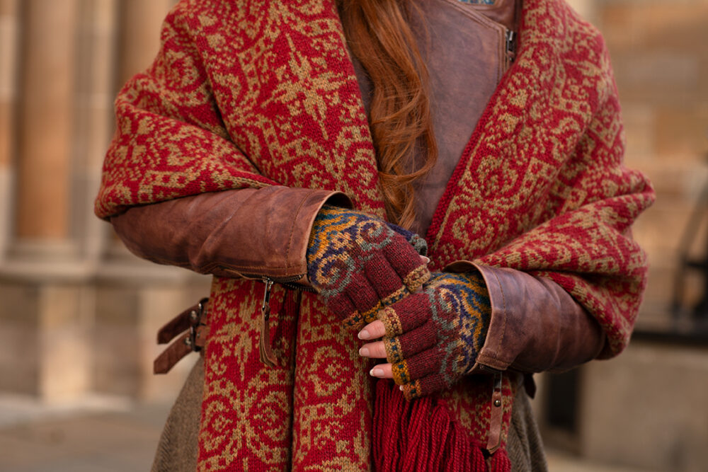 Henry VIII gloves and woven wrap by Alice Starmore and Persian Tiles by Jade Starmore