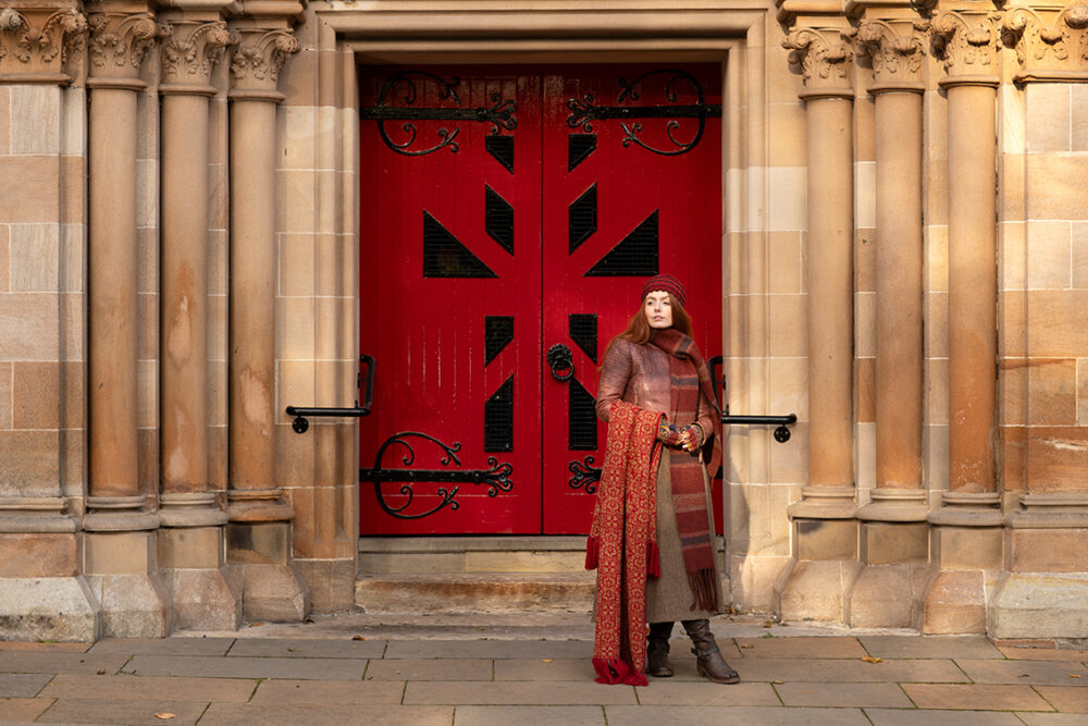 Levenish Hat, Henry VIII gloves and woven wrap by Alice Starmore and Persian Tiles by Jade Starmore