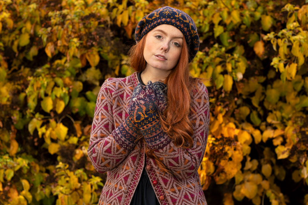 Rosemarkie Cardigan and Witch Hare Hat Set patterncard kit designs by Alice Starmore in Hebridean 2 Ply yarn
