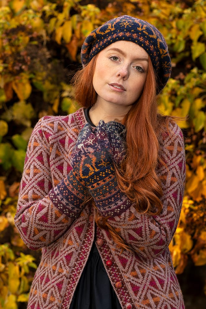 Rosemarkie Cardigan and Witch Hare Hat Set patterncard kit designs by Alice Starmore in Hebridean 2 Ply yarn