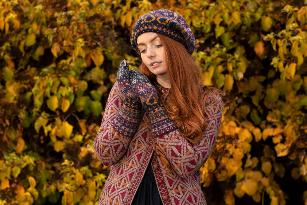 Rosemarkie Cardigan and Witch Hare Hat Set patterncard kit designs by Alice Starmore in Hebridean 2 Ply yarn