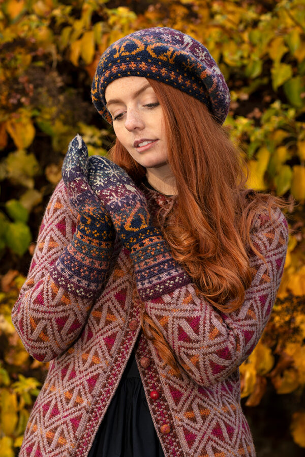 Rosemarkie Cardigan and Witch Hare Hat Set patterncard kit designs by Alice Starmore in Hebridean 2 Ply yarn