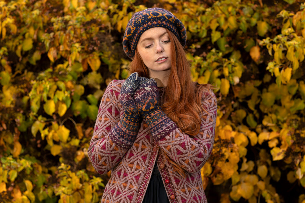 Rosemarkie Cardigan and Witch Hare Hat Set patterncard kit designs by Alice Starmore in Hebridean 2 Ply yarn