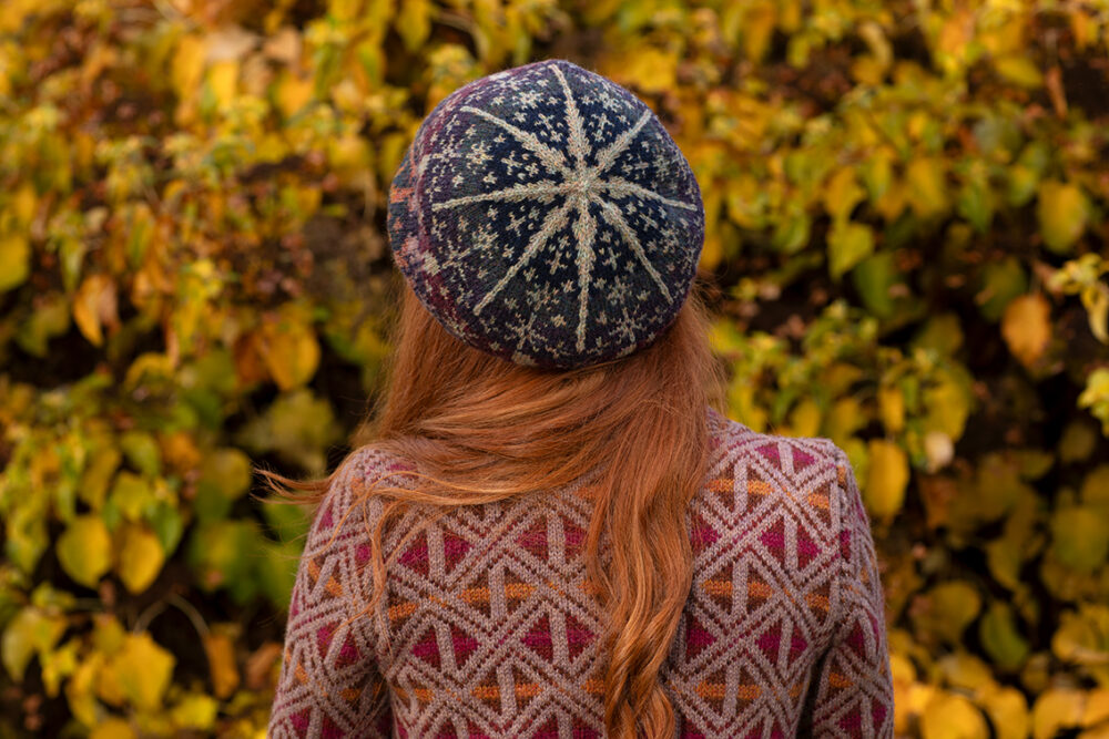 Rosemarkie Cardigan and Witch Hare Hat Set patterncard kit designs by Alice Starmore in Hebridean 2 Ply yarn