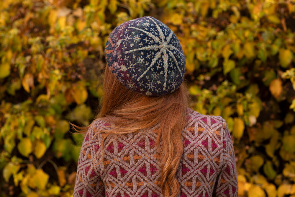 Rosemarkie Cardigan and Witch Hare Hat Set patterncard kit designs by Alice Starmore in Hebridean 2 Ply yarn