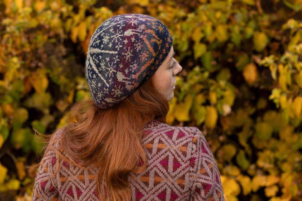 Rosemarkie Cardigan and Witch Hare Hat Set patterncard kit designs by Alice Starmore in Hebridean 2 Ply yarn