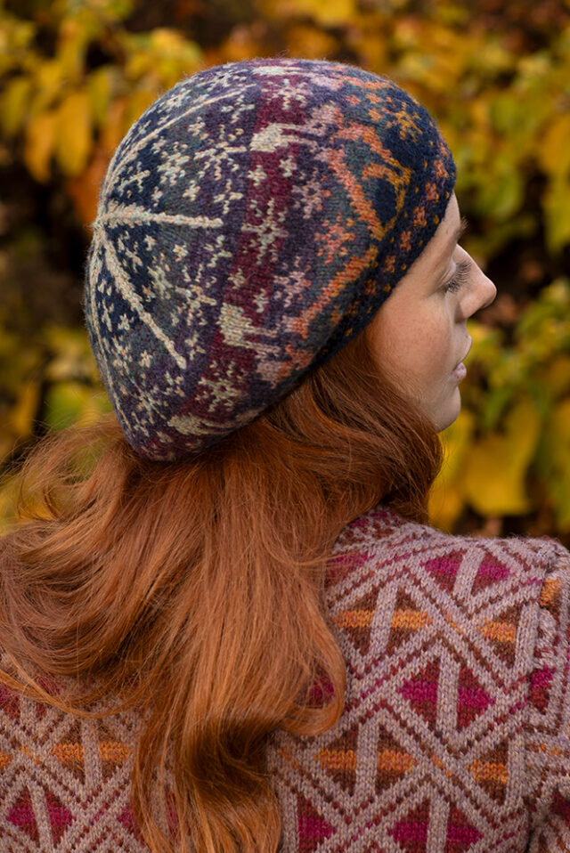 Rosemarkie Cardigan and Witch Hare Hat Set patterncard kit designs by Alice Starmore in Hebridean 2 Ply yarn