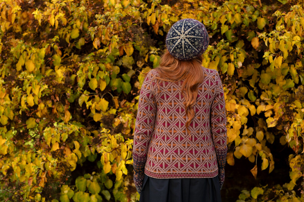 Rosemarkie Cardigan and Witch Hare Hat Set patterncard kit designs by Alice Starmore in Hebridean 2 Ply yarn