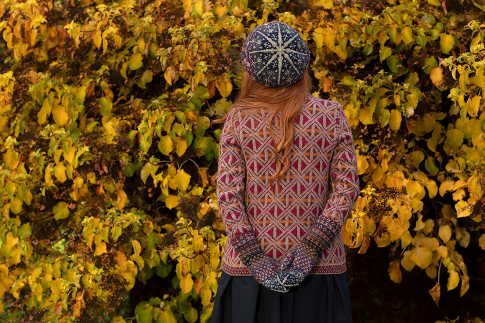 Rosemarkie Cardigan and Witch Hare Hat Set patterncard kit designs by Alice Starmore in Hebridean 2 Ply yarn