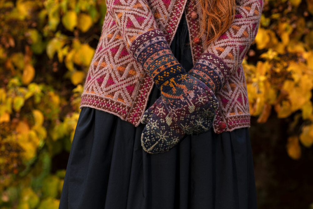 Rosemarkie Cardigan and Witch Hare Hat Set patterncard kit designs by Alice Starmore in Hebridean 2 Ply yarn