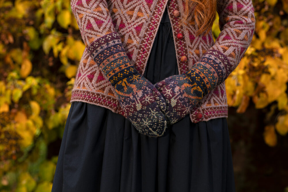 Rosemarkie Cardigan and Witch Hare Hat Set patterncard kit designs by Alice Starmore in Hebridean 2 Ply yarn