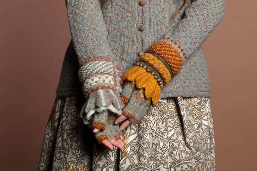 The Mountain Hare Jacket from the book Glamourie, the Mo Chridhe Blanket from the Infinite Cable Class and Dun Cuffs from Creative Course 2.