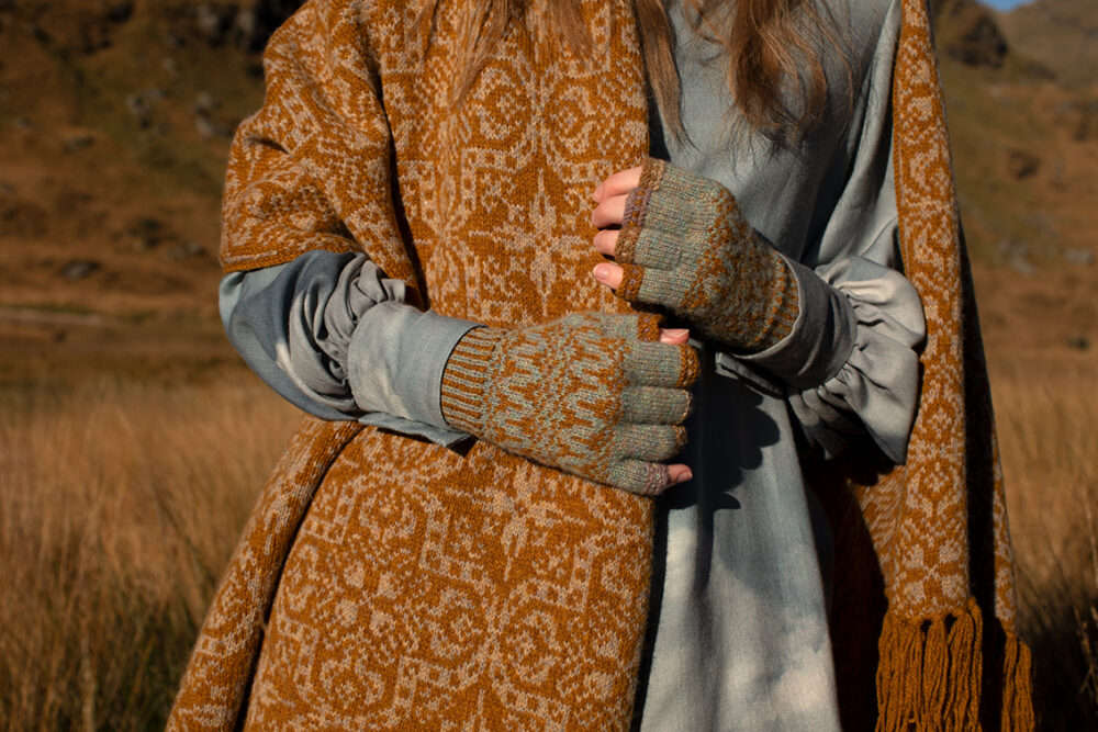 Persian Tiles wrap by Jade Starmore from the book A Collector's Item and Hirta Hat Set patterncard kit by Alice Starmore