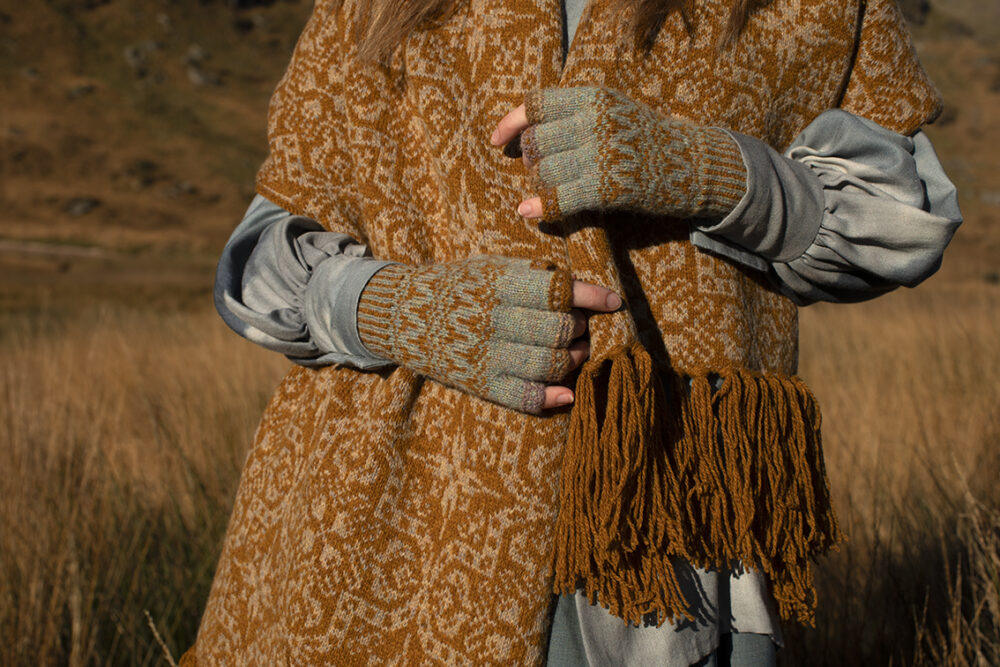 Persian Tiles wrap by Jade Starmore from the book A Collector's Item and Hirta Hat Set patterncard kit by Alice Starmore