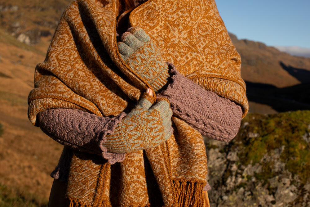 Persian Tiles wrap by Jade Starmore from the book A Collector's Item and Hirta Hat Set and Maidenhair pullover patterncard kits by Alice Starmore