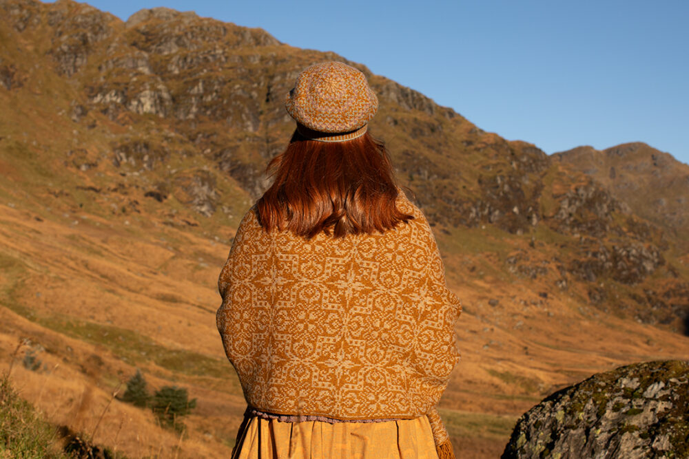 Persian Tiles wrap by Jade Starmore from the book A Collector's Item and Hirta Hat Set and Maidenhair pullover patterncard kits by Alice Starmore