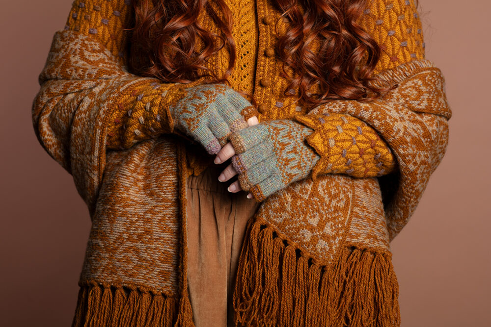 Persian Tiles wrap by Jade Starmore from the book A Collector's Item and Hirta Hat Set and Sulaire Spencer patterncard kits and Jane Seymour Jacket from the book Tudor Roses by Alice Starmore