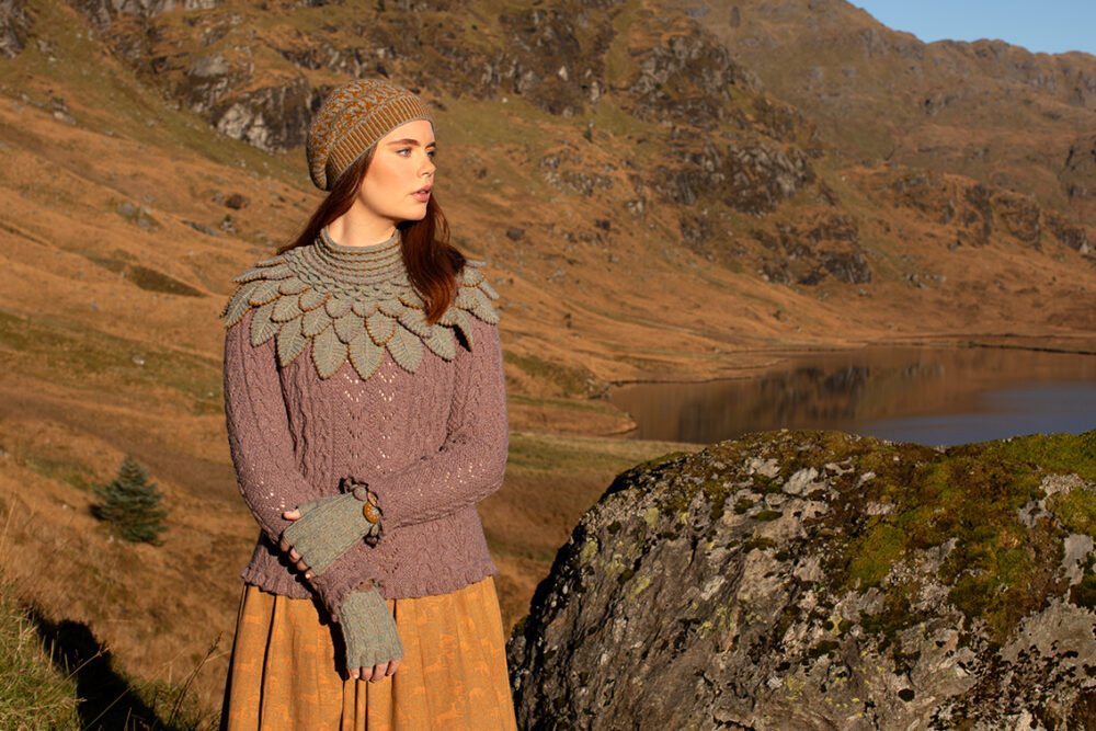 Eagle Collar, Ruabhal Gloves, Maidenhaire pullover and Hirta Hat Set patterncard kits by Alice Starmore in Hebridean 2 Ply