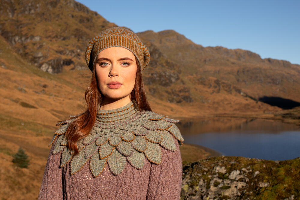 Eagle Collar, Ruabhal Gloves, Maidenhaire pullover and Hirta Hat Set patterncard kits by Alice Starmore in Hebridean 2 Ply