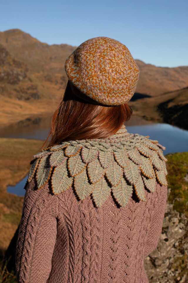 Eagle Collar, Ruabhal Gloves, Maidenhaire pullover and Hirta Hat Set patterncard kits by Alice Starmore in Hebridean 2 Ply