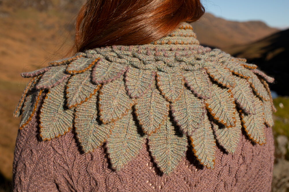 Eagle Collar, Ruabhal Gloves, Maidenhaire pullover and Hirta Hat Set patterncard kits by Alice Starmore in Hebridean 2 Ply