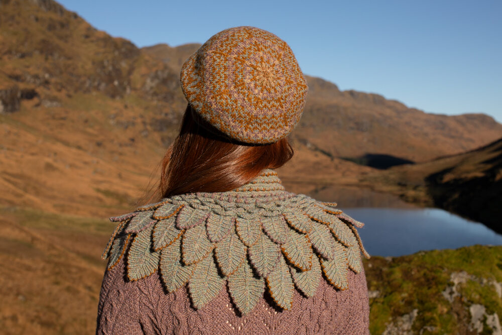 Eagle Collar, Ruabhal Gloves, Maidenhaire pullover and Hirta Hat Set patterncard kits by Alice Starmore in Hebridean 2 Ply