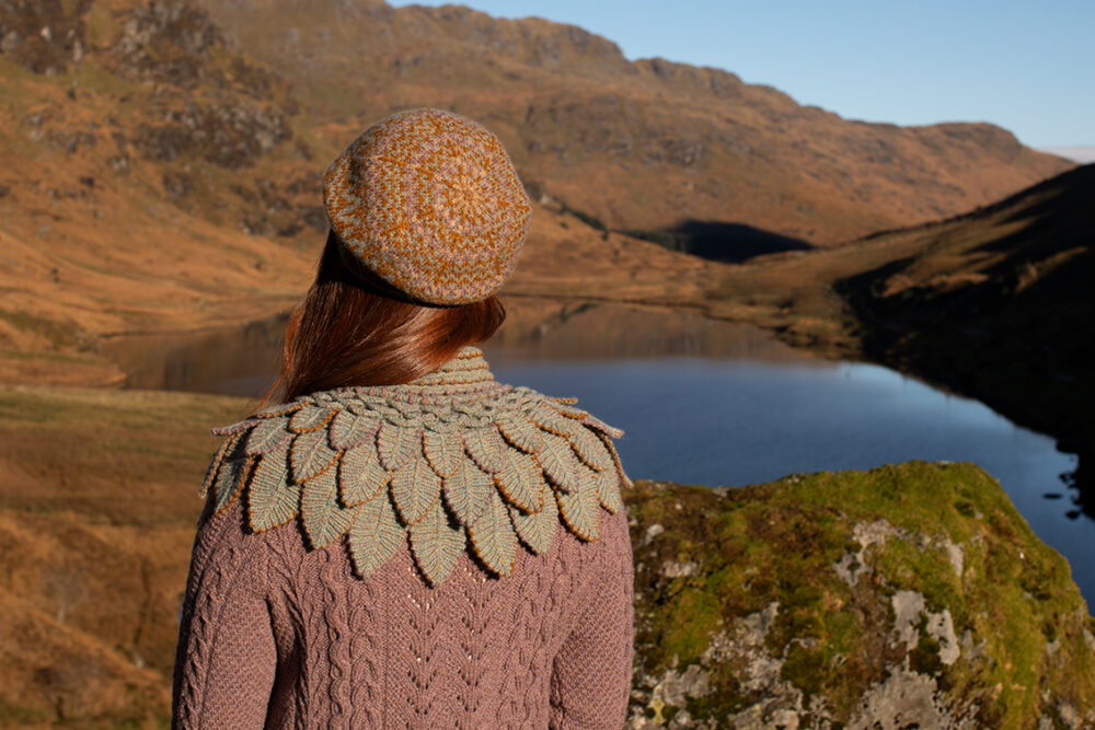 Eagle Collar, Ruabhal Gloves, Maidenhaire pullover and Hirta Hat Set patterncard kits by Alice Starmore in Hebridean 2 Ply