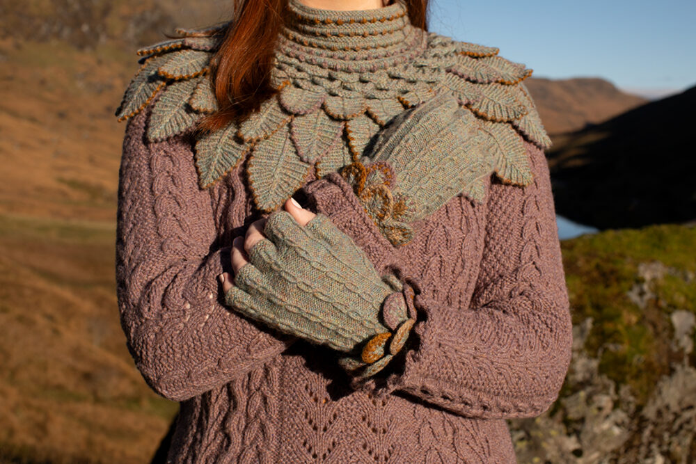 Eagle Collar, Ruabhal Gloves, Maidenhaire pullover and Hirta Hat Set patterncard kits by Alice Starmore in Hebridean 2 Ply