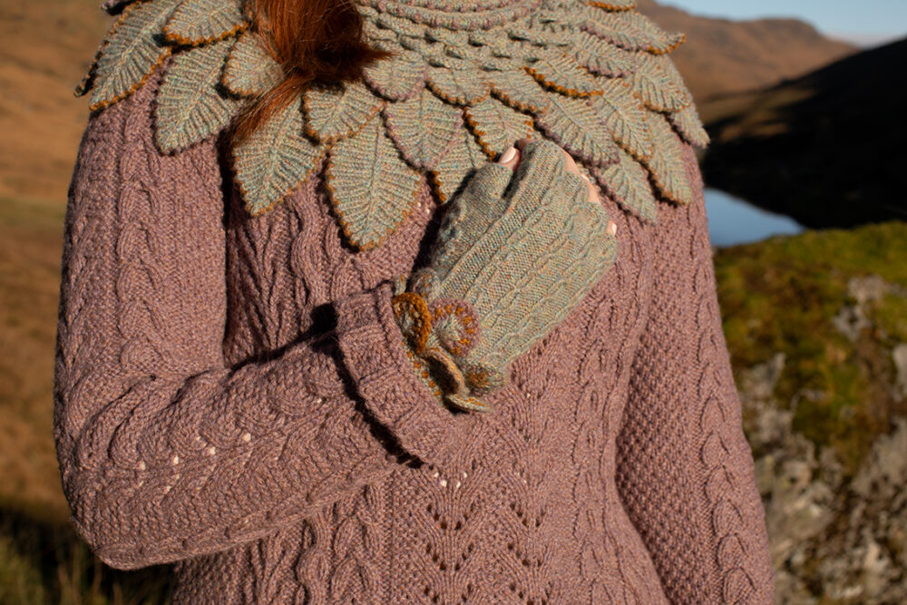 Eagle Collar, Ruabhal Gloves, Maidenhaire pullover and Hirta Hat Set patterncard kits by Alice Starmore in Hebridean 2 Ply