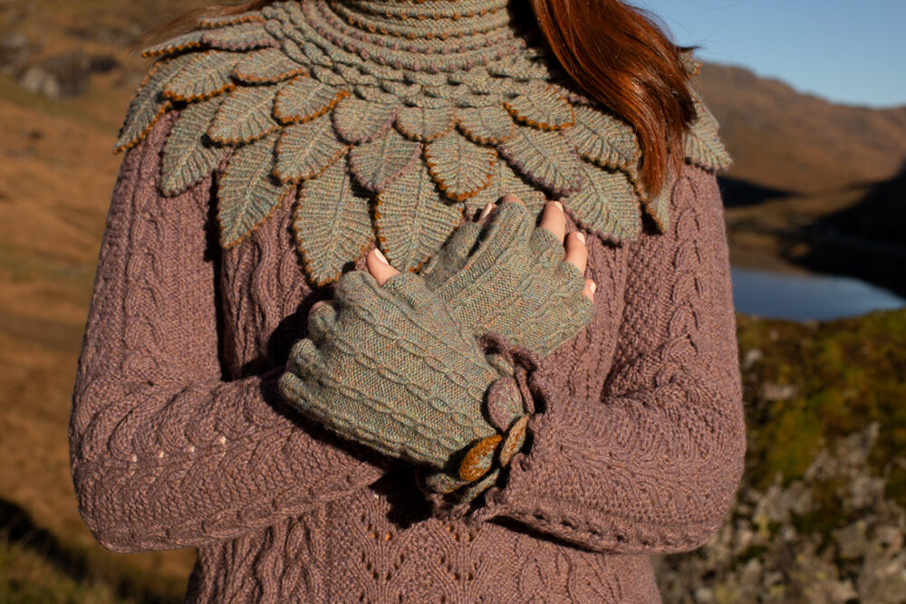 Eagle Collar, Ruabhal Gloves, Maidenhaire pullover and Hirta Hat Set patterncard kits by Alice Starmore in Hebridean 2 Ply